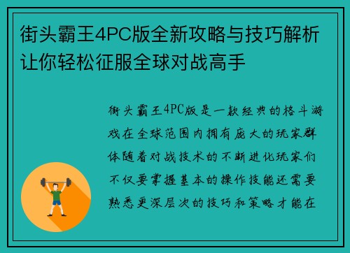 街头霸王4PC版全新攻略与技巧解析 让你轻松征服全球对战高手